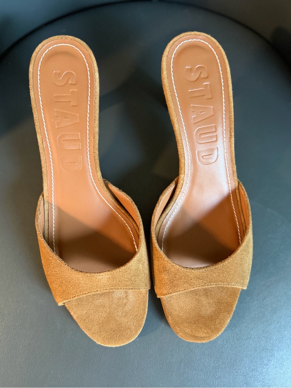STAUD Caramel Suede Open-Toe Kitten-Heel Mules - Picture 2 of 12